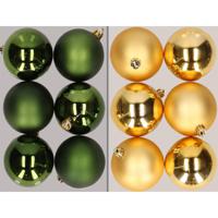 12x stuks kunststof kerstballen mix van donkergroen en goud 8 cm - Kerstbal - thumbnail