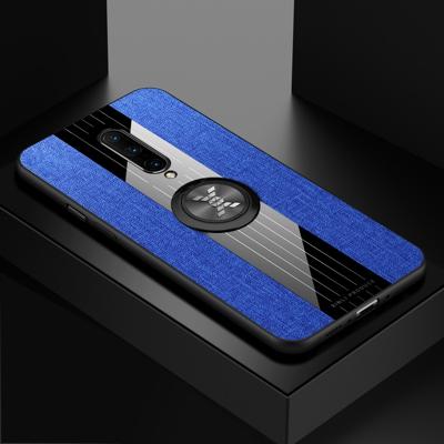 Voor OnePlus 7 Pro XINLI stiksels doek Textue schokbestendig TPU beschermhoes met ring houder (blauw)