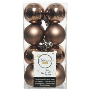 Decoris kleine kerstballen - 16x st - walnoot bruin - 4 cm - kunststof - onbreekbare kerstballen