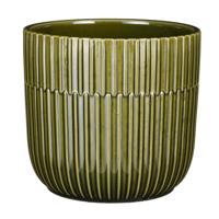 Plantenpot/bloempot - donkergroen - D17,5/H16 cm - keramiek - stripes patroon - glans