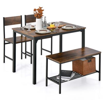 4-Delige Keukentafel en Stoelenset Industriële Tafelset met 2 Stoelen en 1 Bank Metalen Frame en Opbergrek Donkerbruin