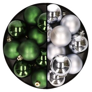 24x stuks kunststof kerstballen mix van zilver en donkergroen 6 cm