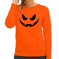 Pompoen gezicht halloween verkleed sweater oranje voor dames - thumbnail