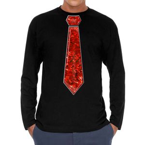 Verkleed shirt voor heren - stropdas pailletten rood - zwart - carnaval - foute party - longsleeve