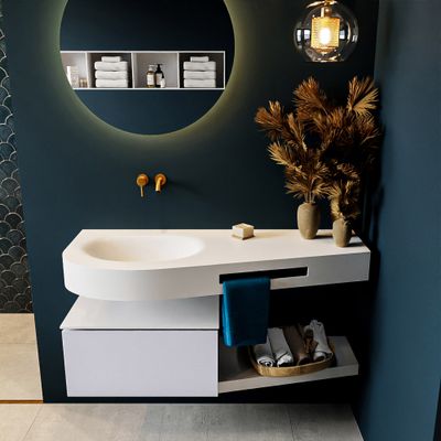 MONDIAZ RIVA 120cm badmeubel onderkast / planchet kleur Cale met 1 lade. Wastafel DULCET links 0 kraangaten kleur Talc.