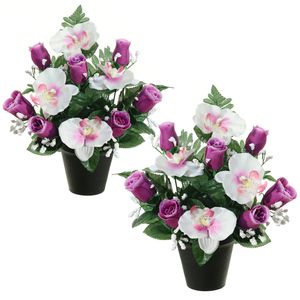 Kunstbloemen plantje in pot - 2x - wit/paars - 28 cm - Bloemstuk ornament - paars/bladgroen