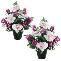 Kunstbloemen plantje in pot - 2x - wit/paars - 28 cm - Bloemstuk ornament - paars/bladgroen