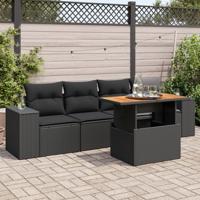 5-delige Loungeset met kussens poly rattan zwart