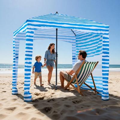 VEVOR strandcabana 183 x 183 cm, strandluifel met zijwanden, UPF 50+ zonbescherming, strandpaviljoen met zandzakken, draagbare parasol voor familie en vrienden, blauwe strepen