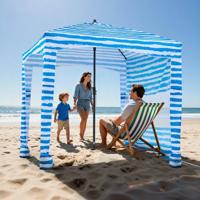 VEVOR strandcabana 183 x 183 cm, strandluifel met zijwanden, UPF 50+ zonbescherming, strandpaviljoen met zandzakken, draagbare parasol voor familie en vrienden, blauwe strepen