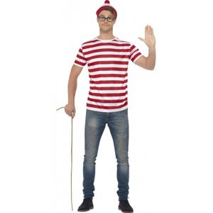 Waar is Wally verkleedset - voor heren - rood/wit - shirt - bril - muts