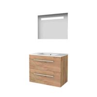 Basic-Line Economic 46 Badkamermeubelset - 80 x 46 cm - Met Grepen - 2 Lades - Keramische Wastafel - 1 Kraangat - Spiegel met LED Verlichting - Whisky Oak