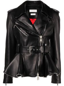 Alexander McQueen veste de moto en cuir à ourlet péplum - Noir