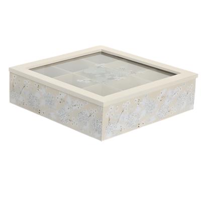 Theedoos - 9-vaks - beige - hout - 24 x 24 x 7 cm - doorzichtig