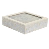Theedoos - 9-vaks - beige - hout - 24 x 24 x 7 cm - doorzichtig