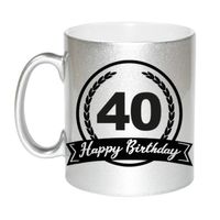 Happy Birthday 40 years zilveren cadeau mok / beker met wimpel 330 ml - thumbnail