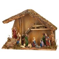 Complete kerststal met kerststal beelden - 39 x 19 x 28 cm - hout/mos/polyresin - thumbnail