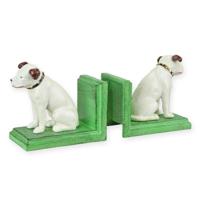 A PAIR OF CAST IRON NIPPER DOG BOOKENDS, GREEN BASE A PAIR OF CAST IRON NIPPER DOG BOOKENDS, GREEN BASE