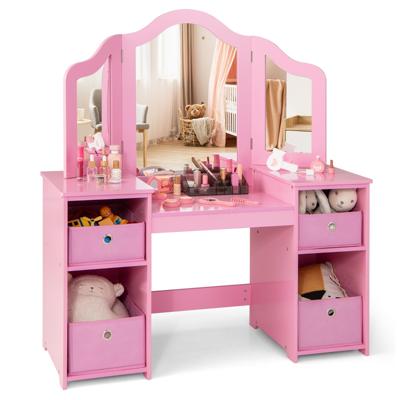 2 In 1 Kinderkaptafel met Afneembare Driewegspiegel Make-Uptafel met 4 Vakken en 4 Stoffen Opbergbakken (Roze) 2 In 1 Kinderkaptafel met Afneembare Driewegspiegel Make-Uptafel met 4 Vakken en 4 Stoffen Opbergbakken (Roze)