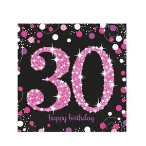 16x Happy birthday 30 jaar servetten zwart/roze