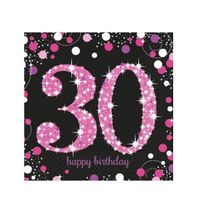 16x Happy birthday 30 jaar servetten zwart/roze