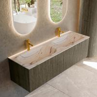 Badmeubel Mondiaz Kurve-Dlux | 150 cm | Meubelkleur Shadow | Wastafelkleur Nata | Solid surface | Wasbak beide zijden spoelbak | 2 kraangaten