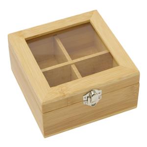 Theedoos - 4-vaks - naturel - bamboe hout - 14 x 14 x 7.5 cm - theekist - glazen kijkvenster