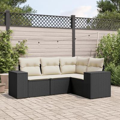 4-delige Loungeset met kussens poly rattan zwart