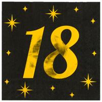 Verjaardag feest servetten - leeftijd 18 jaar - 16x stuks - zwart/goud - sterren - 33 x 33 cm