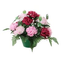 Louis Maes Kunstbloemen in pot - cerise/roze - D30 x H24 cm - Bloemstuk ornament - crysanten met bladgroen   -