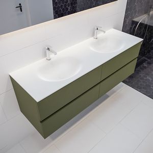 Mondiaz Vica Moon badmeubel groen mat 150 cm 4 lades solid surface dubbele spoelbak 2 kraangaten