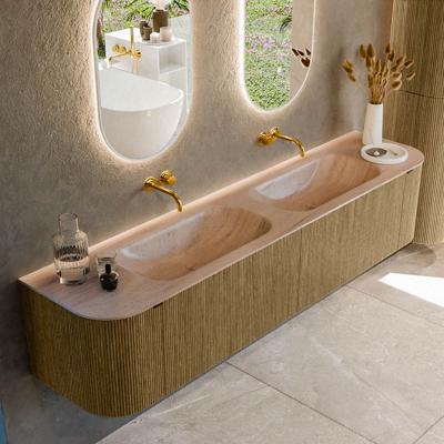 Badmeubel Mondiaz Kurve-Dlux | 200 cm | Meubelkleur Dusk | Wastafelkleur Saba | Solid surface | Wasbak beide zijden spoelbak | Zonder kraangat(en)