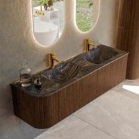 Badmeubel Mondiaz Kurve-Dlux | 155 cm | Meubelkleur Walnut | Wastafelkleur Lava | Solid surface | Dubbele spoelbak | 2 kraangaten