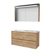 Basic-Line Premium 46 Badkamermeubelset - 120 x 46 cm - Greeploos - 4 Lades - Keramische Wastafel - 2 Kraangaten - Spiegelkast met LED Verlichting - Whisky Oak