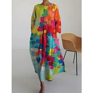 Dames Casual jurk Katoenen linnen jurk A lijn jurk Maxi-jurk Linnen / katoenmix Dagelijks Etnische stijl Werk Dagelijks Vakantie Strakke ronde hals Lapwerk Afdrukken 3/4 mouw Lente Herfst Winter 2023 miniinthebox