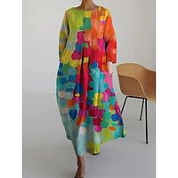 Dames Casual jurk Katoenen linnen jurk A lijn jurk Maxi-jurk Linnen / katoenmix Dagelijks Etnische stijl Werk Dagelijks Vakantie Strakke ronde hals Lapwerk Afdrukken 3/4 mouw Lente Herfst Winter 2023 miniinthebox