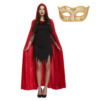 Halloween gemaskerd bal verkleedset - Oogmasker goud - Lange cape met capuchon rood - volwassenen