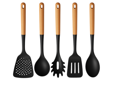 Cookinglife Keukengerei set - Kookgerei set - hout zwart 5 delig - Schuimspaan, soeplepel, spaghettilepel, bakspaan & opscheplepel