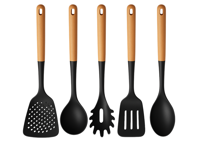 Cookinglife Keukengerei set - Kookgerei set - hout zwart 5 delig - Schuimspaan, soeplepel, spaghettilepel, bakspaan & opscheplepel
