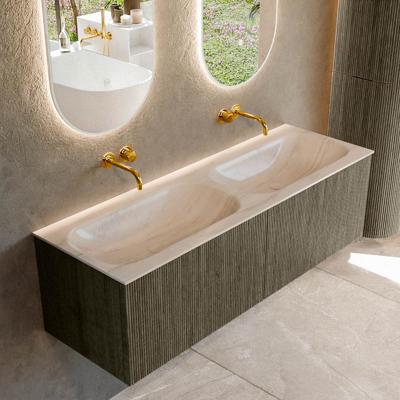 Badmeubel Mondiaz Kurve-Dlux | 140 cm | Meubelkleur Shadow | Wastafelkleur Meli | Solid surface | Wasbak beide zijden spoelbak | Zonder kraangat(en)