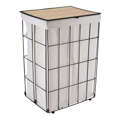 Wasmand met deksel bamboe - zwart/naturel - opvouwbaar - 60 liter - 40 x 30 x 60 cm