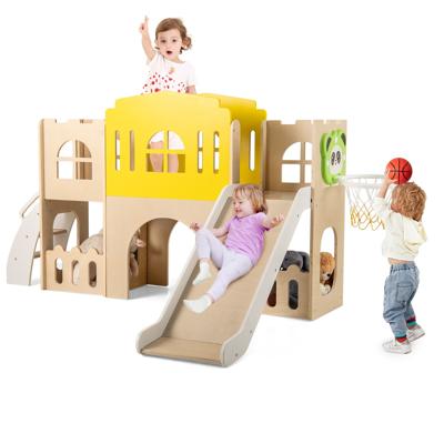 7-in-1 Peuter Glijbaan met Klimladder Basketbalring Tunnel & Opbergruimte Kinder Glijbaan Kleurrijk