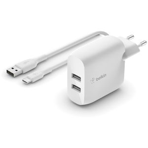 Belkin BOOSTCHARGE 2-poorts USB-A wandlader + USB-A naar USB-C kabel oplader