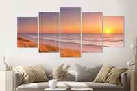 Karo-art Schilderij - Duinen en strand bij zonsondergang, 5 luik, 200x100cm