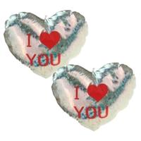 Sierkussen - 2x - zilver - 14 cm - glimmend - hart I Love You - Valentijn