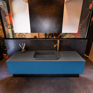 Badkamermeubelset Mondiaz Erin 150 cm met 1 Lade met RIDGE Wastafel Midden Dark grey met 1 kraangat Greeploos Mat Jeans