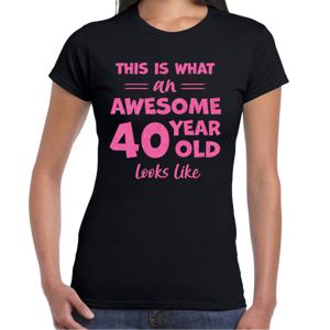 Verkleed T-shirt voor dames - leeftijd 40 jaar - awesome - zwart - glitter roze - Verjaardagsfeest