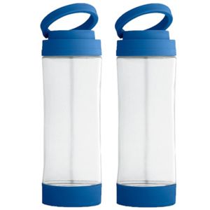 2x Stuks glazen waterfles/drinkfles met blauwe kunststof schroefdop en smartphone houder 390 ml