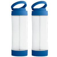 2x Stuks glazen waterfles/drinkfles met blauwe kunststof schroefdop en smartphone houder 390 ml