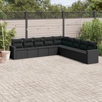 9-delige Loungeset met kussens poly rattan zwart
